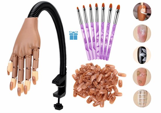 AUM® Oefenhand voor nagels – Inclusief 7 Gratis Acryl Penselen + 100 Oefennagels + Tafelklem – Flexibele Hand op Ware Grootte