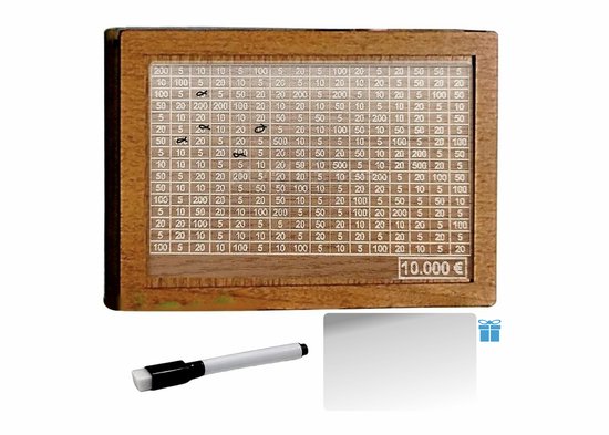 AUM® Spaarpot volwassenen - Inclusief Overschrijfbare Pen en Herbruikbare Acrylplaat - Spaarpot - Milieubewust - Spaarpotten - Sparen met een doel - Van hout - Tot €10000 - Herbruikbaar - Jongen & Meisje