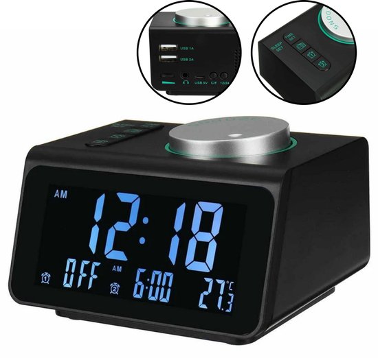 AUM® Digitale Wekkerradio – FM Radio – LED Wekker met Dimbaar Display, Dual Alarm, Snooze & 2 USB-Poorten – Temperatuurweergave – Zwart