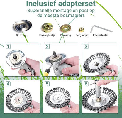 AUM® Onkruidborstel voor Bosmaaier – 20 cm Stalen Voegenborstel – Universele Onkruidverwijderaar met Adapterset – Geschikt voor Grastrimmer – Max 10.000 t/min