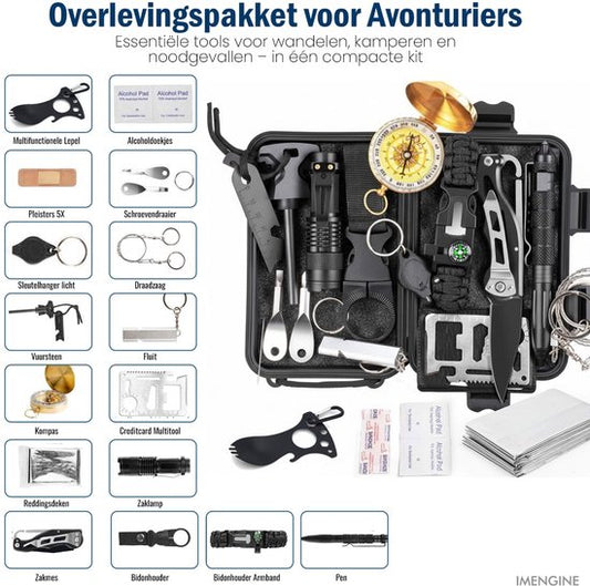IMENGINE® Survival Kit - 17 Delig - Noodpakket - Survival Mes - Overlevingspakket Outdoor - EHBO Kit - noodpakket voor thuis 72 uur