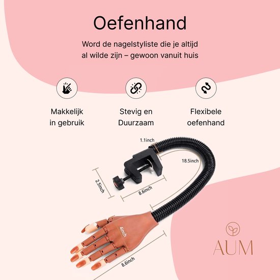 AUM® Oefenhand voor nagels – Inclusief 7 Gratis Acryl Penselen + 100 Oefennagels + Tafelklem – Flexibele Hand op Ware Grootte