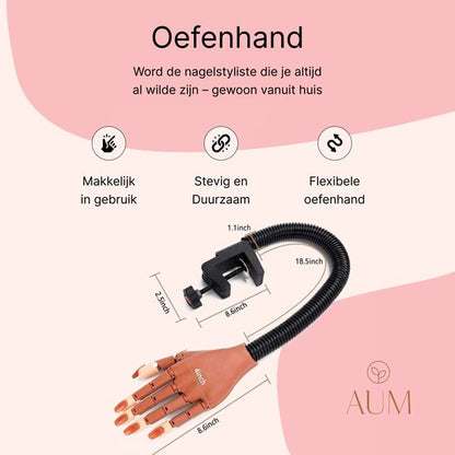 AUM® Oefenhand voor nagels – Inclusief 7 Gratis Acryl Penselen + 100 Oefennagels + Tafelklem – Flexibele Hand op Ware Grootte