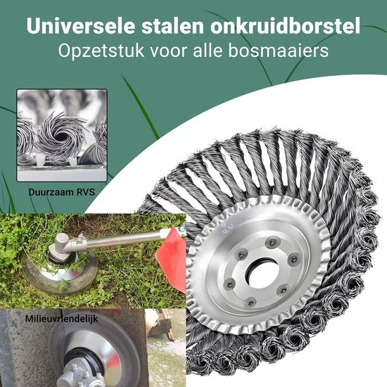 AUM® Onkruidborstel voor Bosmaaier – 20 cm Stalen Voegenborstel – Universele Onkruidverwijderaar met Adapterset – Geschikt voor Grastrimmer – Max 10.000 t/min