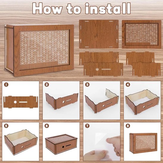 AUM® Spaarpot volwassenen - Inclusief Overschrijfbare Pen en Herbruikbare Acrylplaat - Spaarpot - Milieubewust - Spaarpotten - Sparen met een doel - Van hout - Tot €10000 - Herbruikbaar - Jongen & Meisje