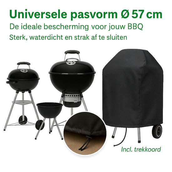 AUM® Barbecue Hoes Rond - Ø57cm - met Trekkoord - Waterdicht & UV-Bestendig - Geschikt voor Weber, Cadac en Meer - BBQ Accessoires - Zwart
