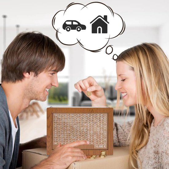 AUM® Spaarpot volwassenen - Inclusief Overschrijfbare Pen en Herbruikbare Acrylplaat - Spaarpot - Milieubewust - Spaarpotten - Sparen met een doel - Van hout - Tot €10000 - Herbruikbaar - Jongen & Meisje