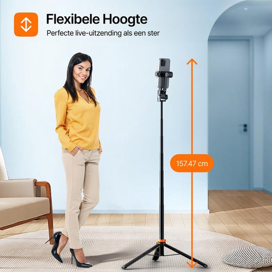 IMENGINE® Telefoon Statief - inclusief Draadloze lavalier Microfoon - 158 cm - Incl. Bluetooth Afstandsbediening - Tripod Smartphone - Action Camera Statief - Tripod Iphone - Zwart
