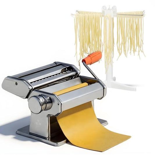 AUM® Pastamachine Set – Inclusief Opvouwbaar Pasta droogrek - Pastamaker - RVS - Ravioli maken - Voor Spaghetti, Tagliatelle, Fettuccine & Lasagne en Meer - Housewarming cadeau