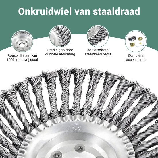AUM® Onkruidborstel voor Bosmaaier – 20 cm Stalen Voegenborstel – Universele Onkruidverwijderaar met Adapterset – Geschikt voor Grastrimmer – Max 10.000 t/min