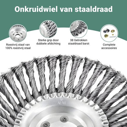 AUM® Onkruidborstel voor Bosmaaier – 20 cm Stalen Voegenborstel – Universele Onkruidverwijderaar met Adapterset – Geschikt voor Grastrimmer – Max 10.000 t/min