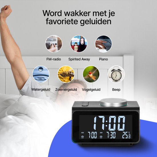 AUM® Digitale Wekkerradio – FM Radio – LED Wekker met Dimbaar Display, Dual Alarm, Snooze & 2 USB-Poorten – Temperatuurweergave – Zwart