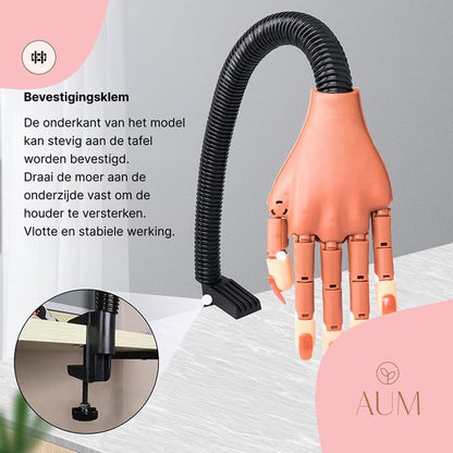AUM® Oefenhand voor nagels – Inclusief 7 Gratis Acryl Penselen + 100 Oefennagels + Tafelklem – Flexibele Hand op Ware Grootte