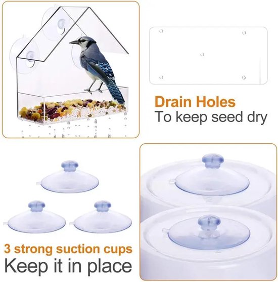 AUM® Raamvoederhuis – 2 Stuks – Vogelvoederhuisje voor Kleine Vogels - Raam Vogelhuisje - Transparant - Met Zuignappen - Voederplek