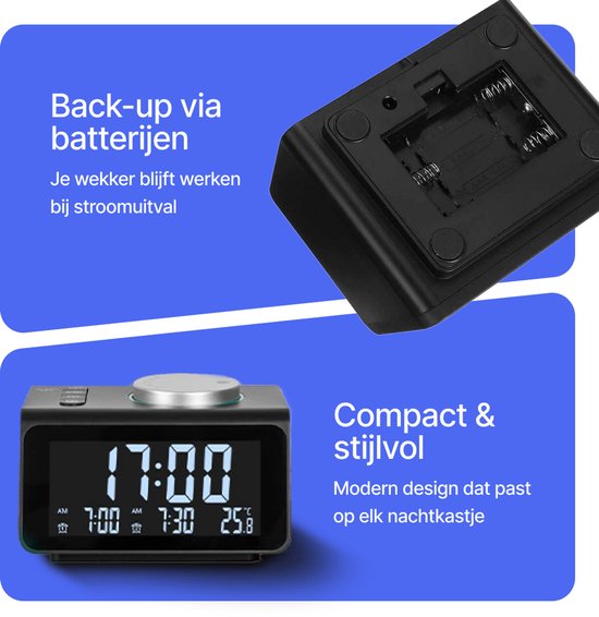 AUM® Digitale Wekkerradio – FM Radio – LED Wekker met Dimbaar Display, Dual Alarm, Snooze & 2 USB-Poorten – Temperatuurweergave – Zwart