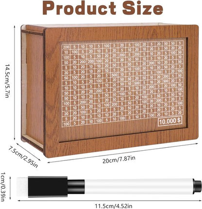 AUM® Spaarpot volwassenen - Inclusief Overschrijfbare Pen en Herbruikbare Acrylplaat - Spaarpot - Milieubewust - Spaarpotten - Sparen met een doel - Van hout - Tot €10000 - Herbruikbaar - Jongen & Meisje